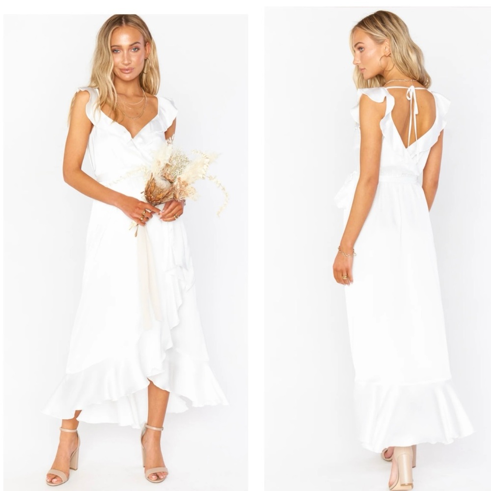 Show Me Your Mumu Samantha Ruffle Wrap Dress in Ivory Luxe Satin Size XXS